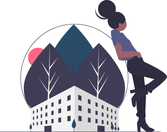Illustration d'un immeuble au cœur d'une fille. Une jeune fille y est appuyée.