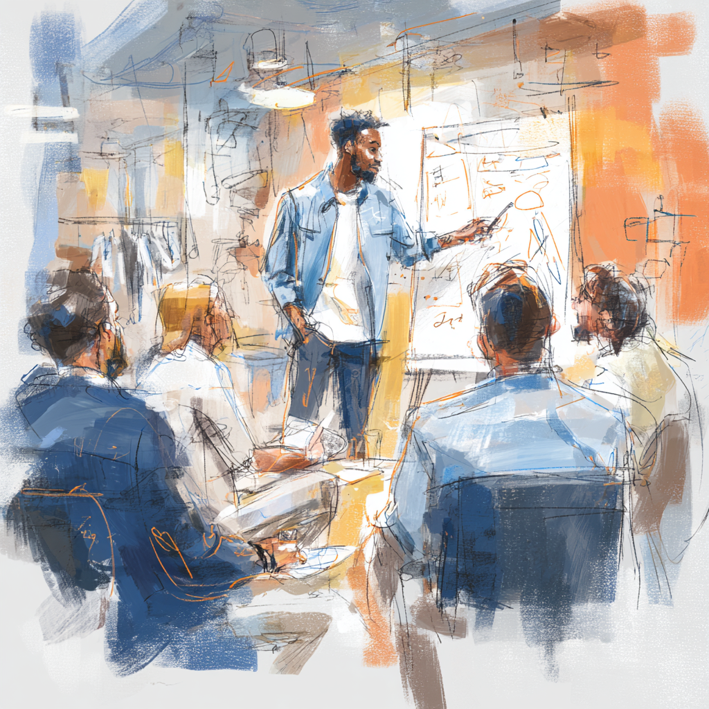Illustration d'un homme en train de faire une formation à une équipe de collaborateurs.