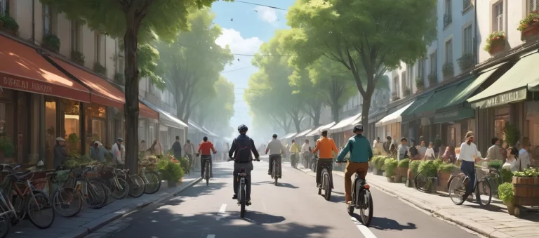 Illustration de plusieurs vélos et scooters dans les rues d'une ville.