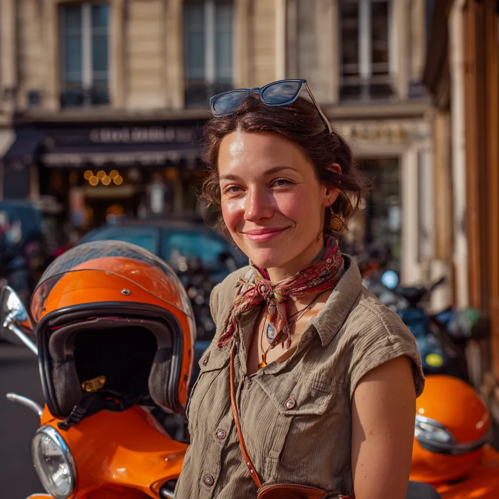 Julie avec son casque à côté de son scooter