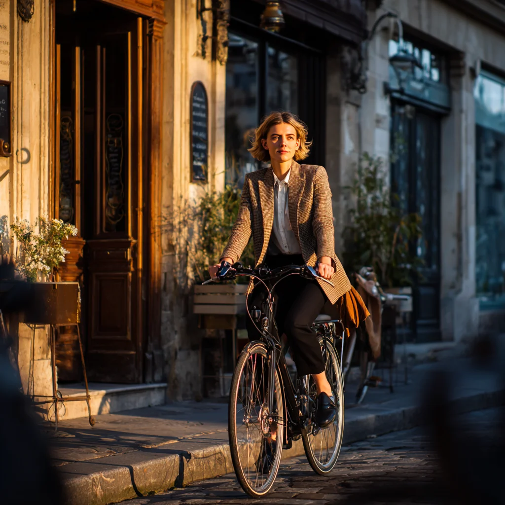 Jeune fille sur son vélo en direction de son travail.