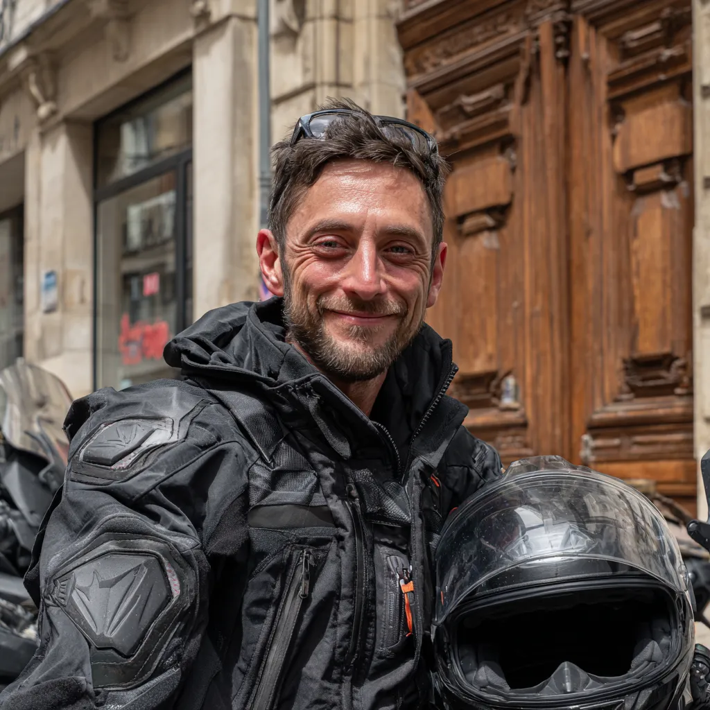 Jean Luc à côté de son scooter électrique.